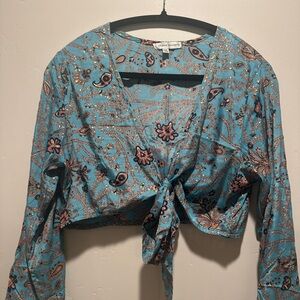 Karma Highway Teal Paisley Cropped Tie-Front Blouse Long Sleeve Women’s Small